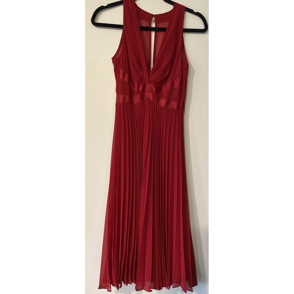 White House Black Market Red Pleat Surplice Midi Dress Grosgrain Trim Sz 2P (V4